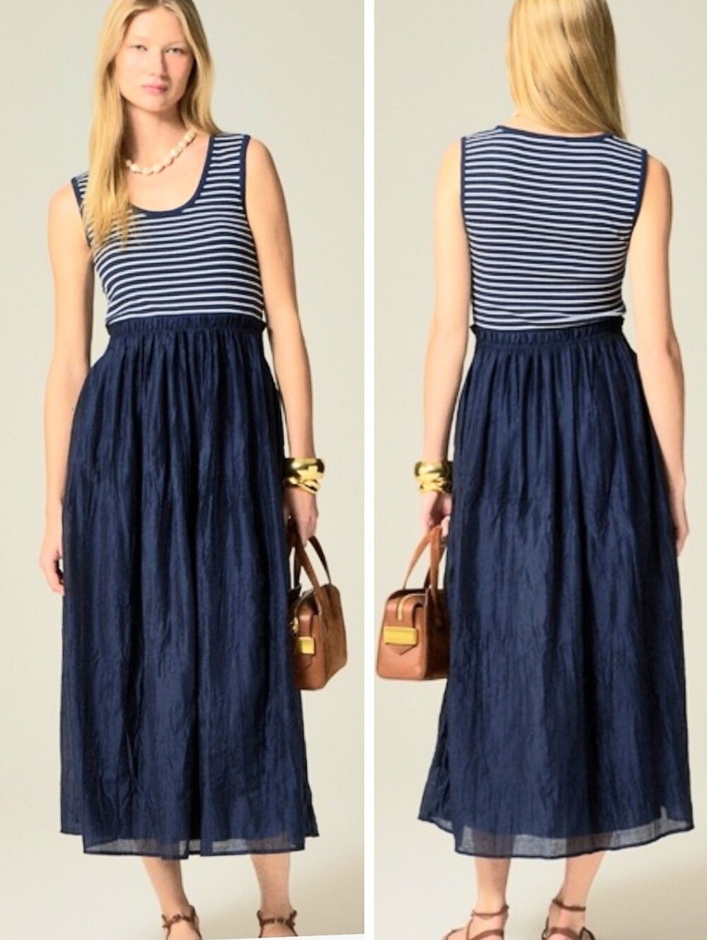 NEW With Tag J. Crew Mixed Media Striped Maxi Dress Sz Med Navy White NWT
